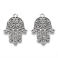 Tibetan Style Alloy Pendants, Cadmium Free & Lead Free, Filigree Joiner Findings, Hamsa Hand/Hand of Fatima/Hand of Miriam, Antique Silver, 30x22x1.5mm, Hole: 2mm, about 610pcs/1000g(TIBE-R317-002AS-LF)