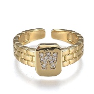 Brass Micro Pave Clear Cubic Zirconia Cuff Rings, Open Rings, Cadmium Free & Lead Free, Rectangle, Golden, Letter.W, US Size 6 1/4, Inner Diameter: 16.8mm(RJEW-H538-02G-W)