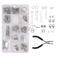 DIY Jewelry Finding Kits, with Iron Head Pins & Eye Pins & Folding Crimp Ends & Ribbon Ends & Earring Hooks & Bead Caps & Bead Tips & Jump Rings, Brass Assistant Tool, Zinc Alloy Lobster Claw Clasps, Platinum, 18x10.5x2.2cm(DIY-YW0001-65)