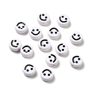 Opaque Acrylic Beads, Flat Round with Smiling Face Pattern, White, 10x5mm, Hole: 2mm, about 1450pcs/500g(MACR-E012-01A)