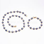 304 Stainless Steel Jewelry Sets, Link Bracelets & Necklaces, with Enamel, Evil Eye, Blue, 19.68 inch(50cm), 7-7/8 inch(200mm)(SJEW-H086-03G)
