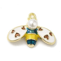 Rack Alloy Enamel Pendants,and ABS Plastic Imitation Pearl, Golden, Bees, Yellow Green, 17x22.5x7mm, Hole: 1.6mm(ENAM-Q505-07G-02)