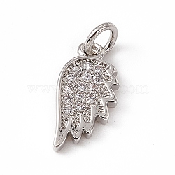 Brass Micro Pave Clear Cubic Zirconia Wing Charms, with Open Jump Rings, Platinum, 14x7x1.5mm, Jump Ring: 4.5x0.7mm, Inner Diameter: 3mm (ZIRC-F132-60P)