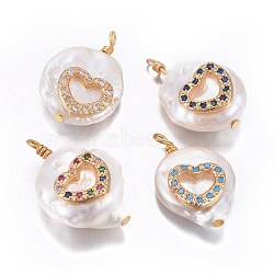 Natural Cultured Freshwater Pearl Pendants, with Brass Cubic Zirconia Findings, Nuggets with Heart, Golden, Mixed Color, 17~26x11~16x5~11mm, Hole: 1.6~2mm(PEAR-E013-28)