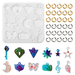 1Pc DIY Pendant Silicone Molds, Heart Key, Heart Lock, Triangle, Flower, Star, Moon, Fox's Head, Butterfly, Musical Note, Leaf, Cup, with 200Pcs Jump Rings, White, Mold: 77x79x4mm, Hole: 1.5mm, Inner Diameter: 11.5~25x9~20mm, Jump Rings: 5x0.8mm(DIY-CJ0002-10)