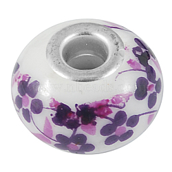 Handmade Porcelain European Beads, Large Hole Beads, with Platinum Color Brass Core, Rondelle, Medium Orchid, Size: about 15mm in diameter, 9mm thick, hole: 5mm(X-PORC-R005-3)