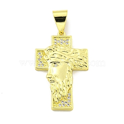 Rack Plating Brass Micro Pave Clear Cubic Zirconia Pendants, Cadmium Free & Lead Free, Real 18K Gold Plated, Cross, 33.5x21x3mm, Hole: 9.5X4.8mm(KK-B091-25G)