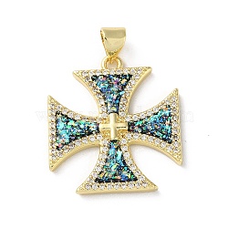 Brass Micro Pave Clear Cubic Zirconia Pendants, with Synthetic Opal, Real 18K Gold Plated, Cross, 24.5x22x3mm, Hole: 5x3.5mm(KK-C045-06G)