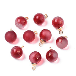 Two Tone Transparent Spray Painted Glass Pendants, with Light Gold Plated Brass Loop, Frosted, with Glitter Powder, Round, Crimson, 12x8mm, Hole: 2mm(GLAA-N035-020A-C05)