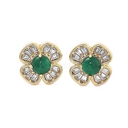 Brass Micro Pave Clear Cubic Zirconia Stud Earrings, with Green Glass, Real 18K Gold Plated, Flower, 12x12mm(EJEW-G415-02E-G)