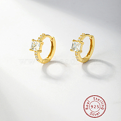 Real 18K Gold Plated 925 Sterling Silver Hoop Earrings, Cubic Zirconia Square Earrings, Clear, 12mm(OB9176-3)