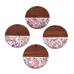 Epoxy Resin & Walnut Wood Pendants, with Paillette/Sequin, Flat Round, Old Rose, 38x3.5mm, Hole: 2mm(RESI-T057-10C)