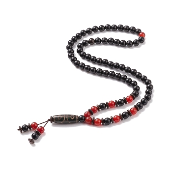 Buddhist Necklace, Natural Agate Oval Pendant Necklace, Natural Wood & Red Agate Carnelian Beads Jewelry for Women, Black, 23.62 inch(60cm)