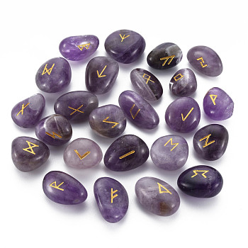 Natural Amethyst Beads, Tumbled Stone, Healing Stones for Chakras Balancing, Crystal Therapy, Meditation, Reiki, Divination Stone, No Hole/Undrilled, Nuggets with Runes/Futhark/Futhorc, 19~28x14~22x9~16mm, about 25pcs/set