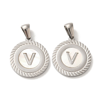 304 Stainless Steel Pendants, Flat Round Shell Charms with Letter, Stainless Steel Color, Letter V, 20.5x17.5x1.5mm, Hole: 2.5x4.5mm