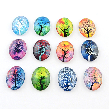Tree Pattern Glass Oval Flatback Cabochons for DIY Projects, Mixed Color, 30x20x6mm