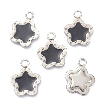 304 Stainless Steel Enamel Pendants, with Glitter, Stainless Steel Color, Star, Black, 13x10x2mm, Hole: 1.8mm