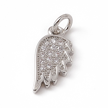 Brass Micro Pave Clear Cubic Zirconia Wing Charms, with Open Jump Rings, Platinum, 14x7x1.5mm, Jump Ring: 4.5x0.7mm, Inner Diameter: 3mm 