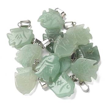 Natural Green Aventurine Pendants, with 201 Stainless Steel Finding, Fish, 19x20x5.5mm, Hole: 4x7mm