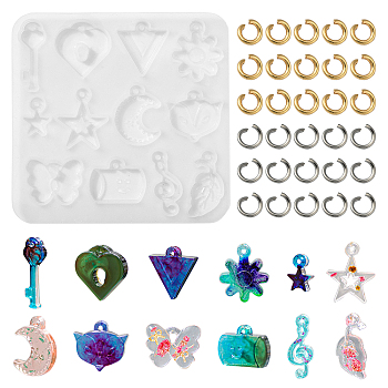 1Pc DIY Pendant Silicone Molds, Heart Key, Heart Lock, Triangle, Flower, Star, Moon, Fox's Head, Butterfly, Musical Note, Leaf, Cup, with 200Pcs Jump Rings, White, Mold: 77x79x4mm, Hole: 1.5mm, Inner Diameter: 11.5~25x9~20mm, Jump Rings: 5x0.8mm