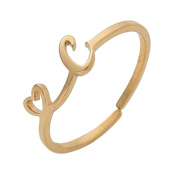 304 Stainless Steel Cuff Rings for Women, Heart with LetterA~Z, Real 18K Gold Plated, Letter C, 5.5mm, inner diameter: adjustable.