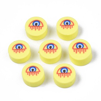 Handmade Polymer Clay Beads, Flat Round with Evil Eye, Yellow, 9.5~10x4.5mm, Hole: 1.6mm