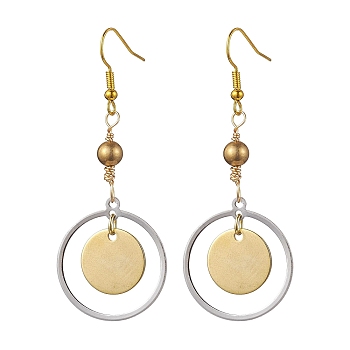 Brass Earrings for Women, with 304 Stainless Steel Pendants and Iron Hooks, Platinum & Golden, 64x25mm