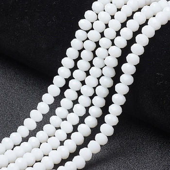 Opaque Solid Color Glass Beads Strands, Faceted, Rondelle, White, 3x2mm, Hole: 0.8mm, about 145~150pcs/strand, 34~35cm