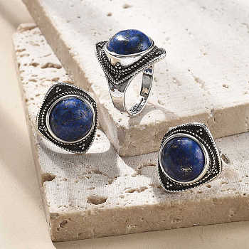 Natural Lapis Lazuli Adjustable Rings, Antique Silver Tone Brass Finger Rings, Rhombus, 22mm, Inner Diameter: 18mm