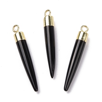 Natural Black Onyx Brass Pendants, Cadmium Free & Lead Free, Dyed & Heated, Bullet Shaped, Light Gold, 33~37x4~5mm, Hole: 2mm