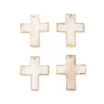 Freshwater Shell Big Pendants, with Light Gold Plated Brass Edge, Cross Charms, 52.5x42.5x3mm, Hole: 2mm