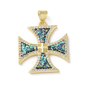 Brass Micro Pave Clear Cubic Zirconia Pendants, with Synthetic Opal, Real 18K Gold Plated, Cross, 24.5x22x3mm, Hole: 5x3.5mm