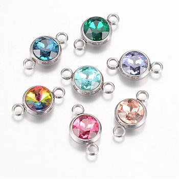K9 Glass Links connectors, Faceted, with 304 Stainless Steel Findings, Flat Round, Stainless Steel Color, Mixed Color, 17.5x10x6.5mm, Hole: 2.5mm