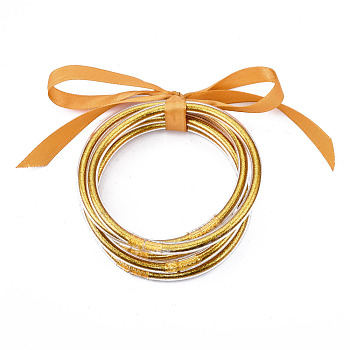 PVC Plastic Bangle Sets, Jelly Bangles, with Glitter Powder and Polyester Ribbon, Gold, 2-1/2 inch(6.3cm), 5pcs/set