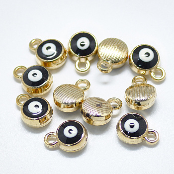 Light Gold Plated Alloy Charms, with Enamel, Flat Round with Evil Eye, Black, 10x7x4.5mm, Hole: 1.5mm