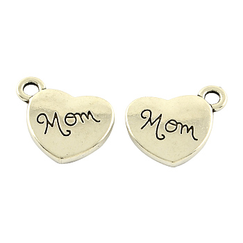 Mother's Day Theme, Tibetan Style Alloy Family Charms, Heart with Word Mom, Cadmium Free & Lead Free, Antique Silver, 13x15x3mm, Hole: 3mm