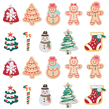 20pcs 10 Style Printed Acrylic Pendants, for Christmas, Bell/Gingerbread Man/Snowman/Chritmas Tree Charm, Mixed Color, 24~39.5x15~33x2mm, Hole: 1.6mm, 2pc/style