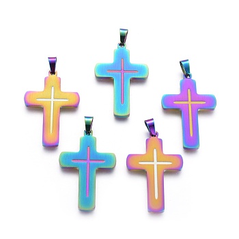 Ion Plating(IP) 304 Stainless Steel Pendants, Cross, Rainbow Color, 38x25x2mm, Hole: 4x6mm