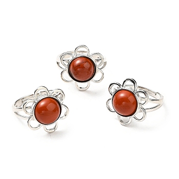 Natural Red Jasper Adjustable Rings, Platinum Tone Flower Brass Rings for Women, Cadmium Free & Lead Free, US Size 7 3/4(17.9mm), 3~7mm