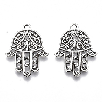 Tibetan Style Alloy Pendants, Cadmium Free & Lead Free, Filigree Joiner Findings, Hamsa Hand/Hand of Fatima/Hand of Miriam, Antique Silver, 30x22x1.5mm, Hole: 2mm, about 610pcs/1000g