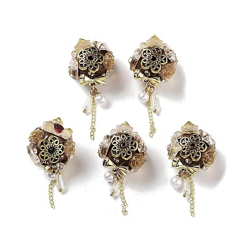 Alloy Resin Flower Beads, with ABS Imitation Pearl, Coconut Brown, 44.5mm, Hole: 2mm