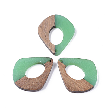 Resin & Walnut Wood Pendants, Two Tone, teardrop, Green, 32.5x27.5x2.5~4mm, Hole: 1.5mm