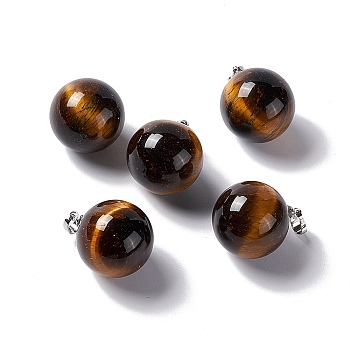 Natural Tiger Eye Pendants, with Platinum Tone Brass Findings, Round Charm, 22x18mm, Hole: 3x6mm