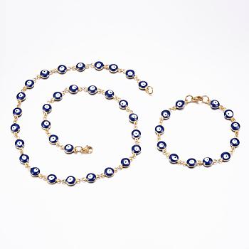 304 Stainless Steel Jewelry Sets, Link Bracelets & Necklaces, with Enamel, Evil Eye, Blue, 19.68 inch(50cm), 7-7/8 inch(200mm)