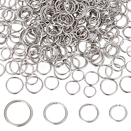 400Pcs 4 Styles 304 Stainless Steel Open Jump Rings, Round Rings, Stainless Steel Color, 9~14x0.9~1.2mm, Inner Diameter: 7.2~11.6mm, 100pcs/style(STAS-BBC0002-90)