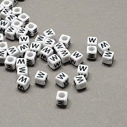 Large Hole Acrylic Letter European Beads, Horizontal Hole, White & Black, Cube with Letter, White, 6x6x6mm, Hole: 4mm(X-SACR-Q103-6mm-01W)