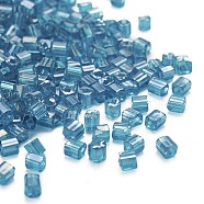 6/0 Glass Seed Beads, Transparent Colours Luster, Square Hole, Cube, Steel Blue, 3~5x3~4x3~4mm, Hole: 1.2~1.4mm, about 1000pcs/100g(SEED-YW0001-25A)
