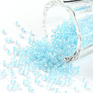 11/0 Grade A Round Glass Seed Beads, Transparent Inside Colours, AB Color Plated, Light Blue, 2.3x1.5mm, Hole: 1mm, about 48500pcs/pound(SEED-N001-E-315)