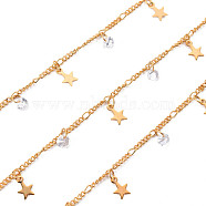 Handmade Brass Curb Chains, with Cubic Zirconia charms, Soldered, Spool, Star, Real 18K Gold Plated, 3.3x1.5x0.3mm and 2x1.4x0.3mm, about 16.4 Feet(5m)/roll(CHC-S012-039)