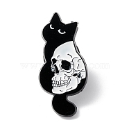 Skull with Cat  Enamel Pin, Halloween Alloy Brooch for Backpack Clothes, Electrophoresis Black, White, 29.5x14x1.5mm(ENAM-K053-53)